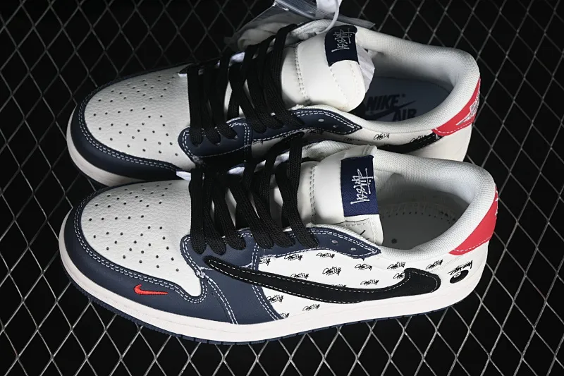 All categories Air Jordan Jordan series basketball shoes Air Jordan 1 Low High-end customized low-top sneakers Air Jordan 1 Low AJ1 Joe 1 Stusi co-branded off-white blue and red print High-end customized low-top retro basketball shoes JW1188-170